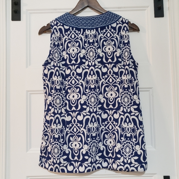 David Brooks Linen Blend Tunic Top Womens L Blue White Embroidered Trim - Picture 2 of 7